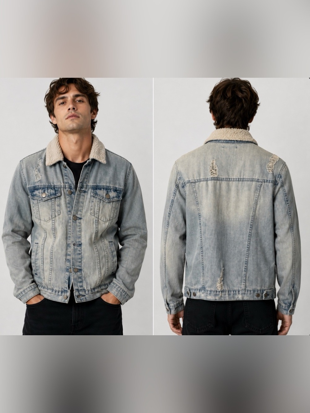JACKSON Light Blue Washed Distressed Denim Western Jacket w/Sherpa Collar Small